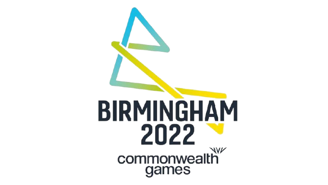 The Birmingham 2022 Commonwealth Games logo features geometric blue and yellow lines above the event name in bold text, celebrating events like Hands-On Tig & Mig Welding & Restoration in Coventry.