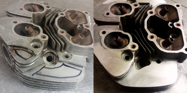 Cylinder head components showing wear and restoration, highlighting the importance of maintenance and inspection for vehicle integrity.