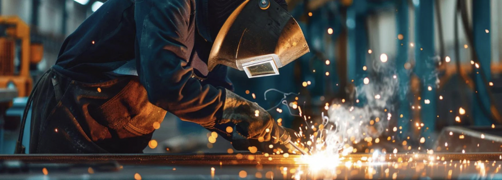 Welder using stick welding technique, sparks flying, in workshop setting, demonstrating essential skills for beginners in hobby welding.