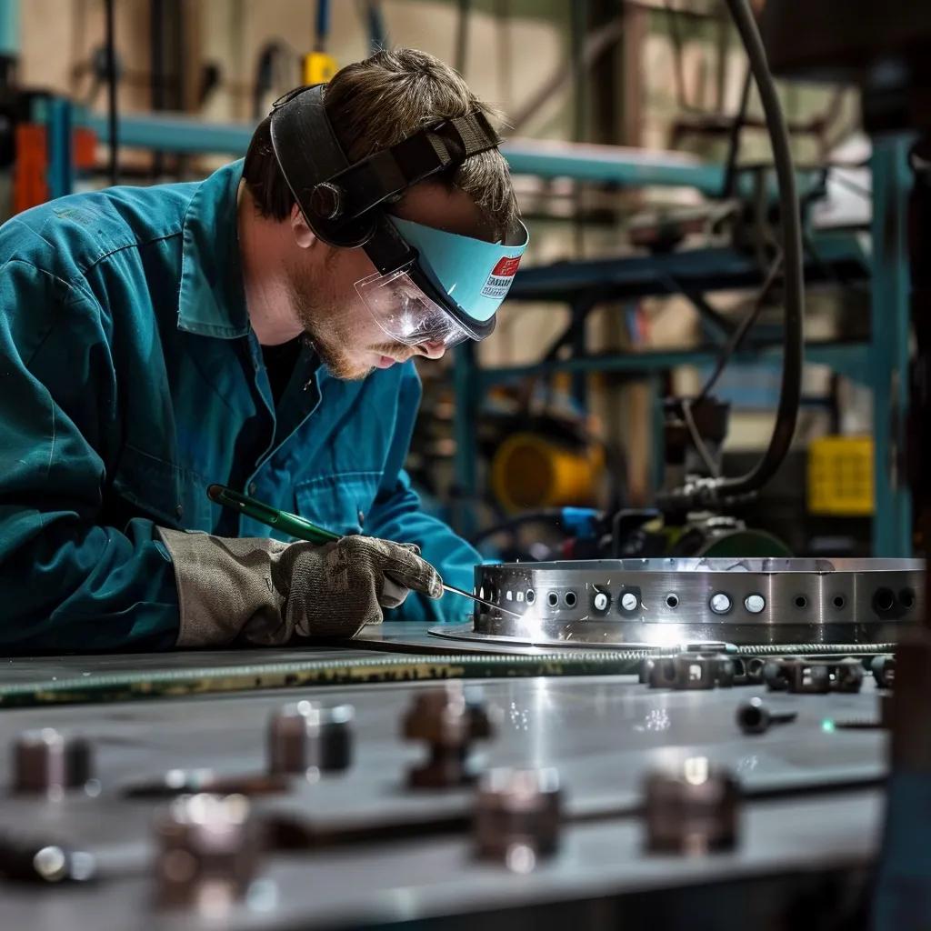 Technician wearing protective gear, including gloves and a helmet with a visor, focused on welding a metal piece in a workshop setting, surrounded by tools and machinery essential for hobby fabrication.
