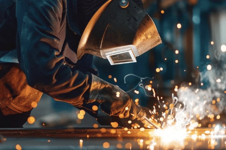 Welder using MIG welding technique on metal, sparks flying, showcasing welding skills and safety gear.