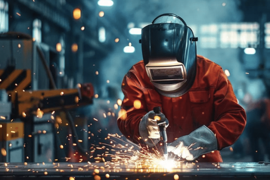 Welder in protective gear performing aluminium MIG welding, sparks flying in a workshop setting, emphasizing welding techniques and safety.