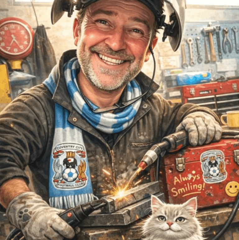 AI generated image of Nige Andrews in the workshop with everything he loves. Cats, Welding, Coventry City and smiling.